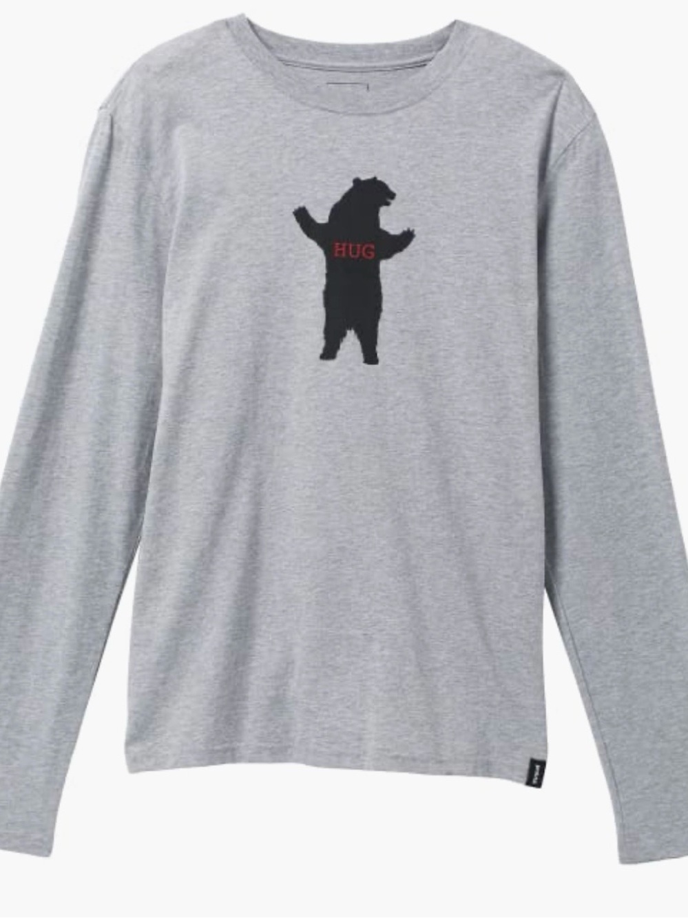 Prana journeyman Long-Sleeve Heather Gray Tee Black Bear Red 'HUG' Mens XXL